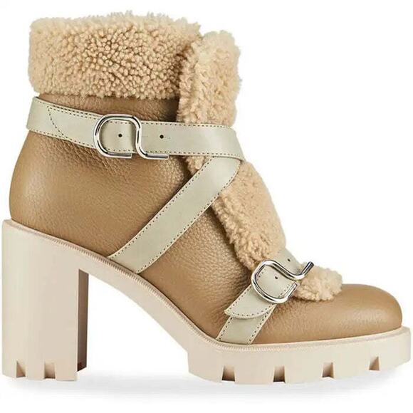 Christian Louboutin Pole Chic 70 Champignon Leather Shearling Combat Boot 39 - Picture 2 of 9